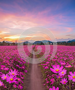 Landscape of the dirt road and beautiful cosmos flower field at sunset time