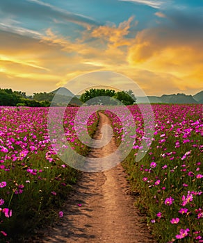Landscape of the dirt road and beautiful cosmos flower field at sunset time