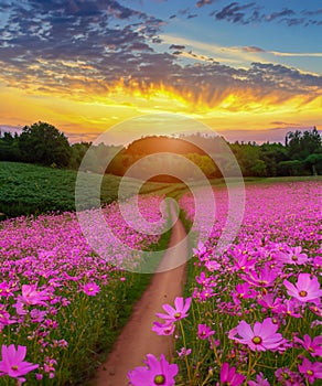 Landscape of the dirt road and beautiful cosmos flower field at sunset time