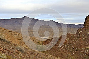 Landscape of distant mountains in the arid desert