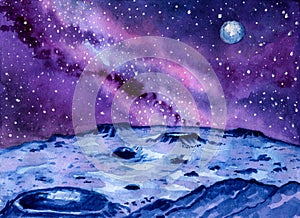 Landscape of a distant planet with a galaxy and starry space. Blue planet`s surface is covered with craters and rocks