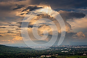 Landscape of dramatic clouds sky over the city at Chiang mai of Thailand., Stormy atmosphere weather situation dramatic at evening