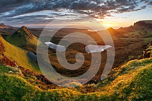 Landscape - Dramatic sunrise sky over the Quiraing hills on the Trotternish peninsula on the Isle of Skye in the Highlands of