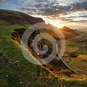 Landscape - Dramatic sunrise sky over the Quiraing hills on the Trotternish peninsula on the Isle of Skye in the Highlands of