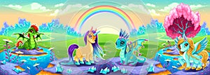 Landscape of dreams with rainbow and fantasy animals