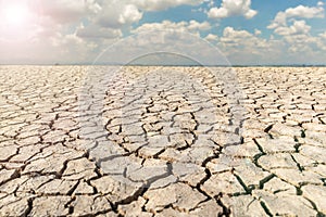 Landscape dried and cracked background. The soil dry land cracked ground surface with sky and cloudy