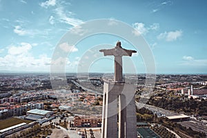 Landscape drone shot of the Christ king of Lisbon