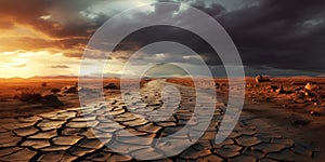 Landscape of dry cracked road at sunset, drought panoramic perspective view. Scenery of wasteland, deserted earth. Concept of soil