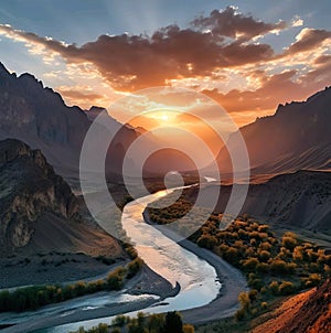 Landscape of dry river with mountain abd sunset view