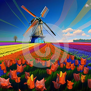 Landscape with Dutch tulips and windmills