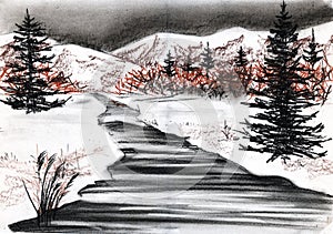 Landscape early spring. Firs, mountains, river, field, forest. Hand-drawn graphic illustration with chalk