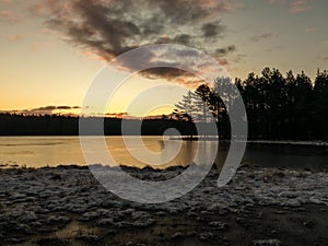 Landscape with early sunrise by the lake, heaven sky, black tree silhouettes