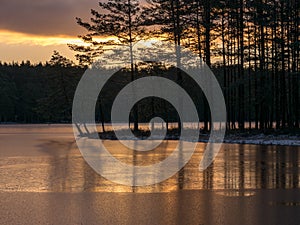 Landscape with early sunrise by the lake, heaven sky, black tree silhouettes