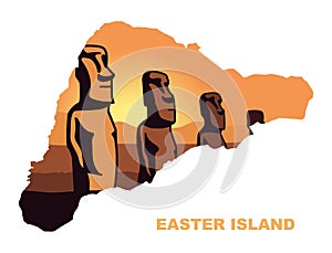 The landscape of Easter island with the famous sculptures at sunset in the form of a map of Easter island