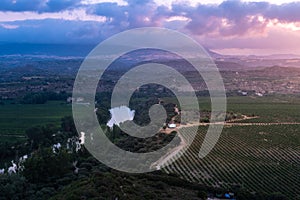 Landscape with Ebro river at sunrise, El Cortijo, La Rioja in Spain