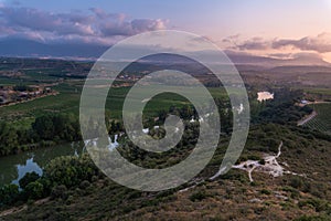 Landscape with Ebro river at sunrise, El Cortijo, La Rioja in Spain