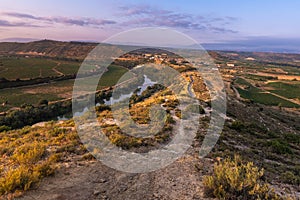 Landscape with Ebro river at sunrise, El Cortijo, La Rioja in Spain