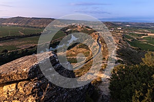 Landscape with Ebro river at sunrise, El Cortijo, La Rioja in Spain