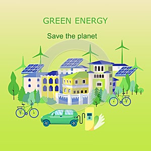 Landscape of eco friendly future town using green energy. Row of houses, trees, solar panel, windmill, bicycle, hybrid