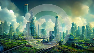 Landscape with ecological disaster, conceptual ai illustration. Polluted earth