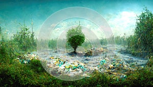 Landscape with ecological disaster. Polluted earth, illustration