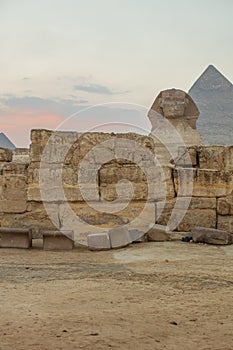 Landscape with Egyptian pyramids, Great Sphinx and silhouettes Ancient symbols and landmarks of Egypt for your travel