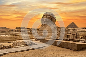 Landscape with Egyptian pyramids, Great Sphinx and silhouettes Ancient symbols and landmarks of Egypt for your travel concept to