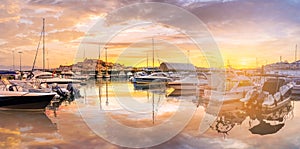 Landscape with Eivissa harbour at sunset time, Ibiza island