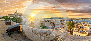 Landscape with Eivissa at sunset time, Ibiza island