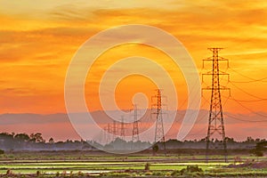 Landscape of electric pole at sunset twilight