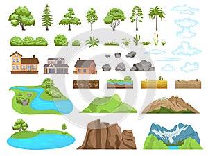 Landscape elements constructor. Natural compatible objects, mountains or clouds, soil types and stones. Plants of