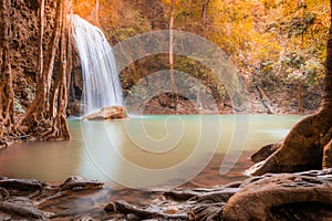Landscape of Erawan waterfall in national park Is a waterfall in the deep forest in autumn atmosphere