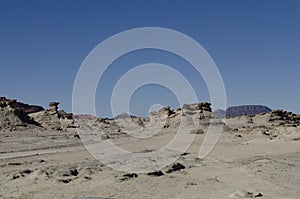 Landscape of erosion on the ground under a clear blue sky