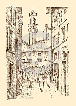 Landscape in European town Florence in Italy. engraved hand drawn in old sketch and vintage style. historical