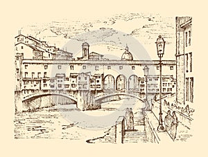 Landscape in European town Florence in Italy. engraved hand drawn in old sketch and vintage style. historical