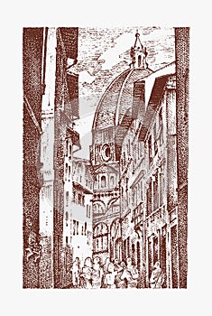 Landscape in European town Florence in Italy . engraved hand drawn in old sketch and vintage style. historical