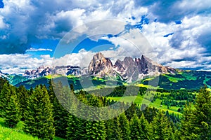 Landscape of the famous Seiser Alm with the beautiful Langkofel