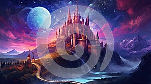 Landscape with fantasy castle and moon. Illustration with magic castle kingdom cartoon background