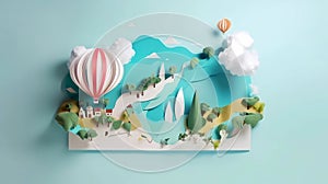 Landscape of fantasy whimsical island with forest and mountains, hot air balloon over the sea, paper craft art or photo