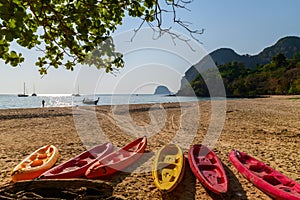 landscape of Farang Beach or Charlie Beach, there are canoes on the sandy beach on Koh Muk, Trang Province