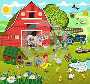 landscape with a farm. A farmer with a pitchfork loads hay into a wheelbarrow. Domestic animals such as cow and pig, geese