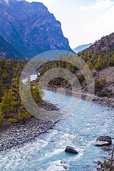 Landscape Fast Mountains River Hiking Himalayas.Beautiful View Waterfalls Asia End Summer Season Background.Green Threes