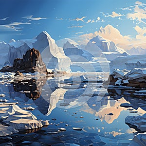 A landscape featuring an iceberg set against a calm horizon, evoking a peaceful and tranquil atmosphere, very high details. AI