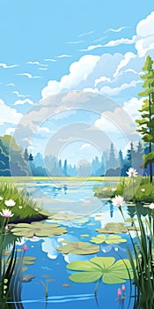 Romanticized Wilderness: Colorful Cartoon Landscape With Lotus Lily In A Lake photo