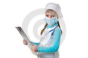 Landscape of female medical doctor or nurse with stethoscope and mask write a note in notebook against white background