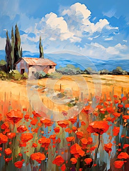 Landscape with a field of flowering red poppies. Oil painting in impressionism style