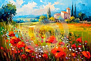Landscape with a field of flowering red poppies. Oil painting in impressionism style