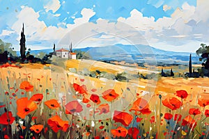 Landscape with a field of flowering red poppies. Oil painting in impressionism style