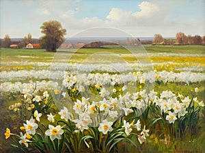 Landscape with a field full of daffodil flowers. Scenic nature view