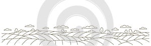 Landscape field panorama. Agriculture arable land. Vector line. Editable outline stroke.